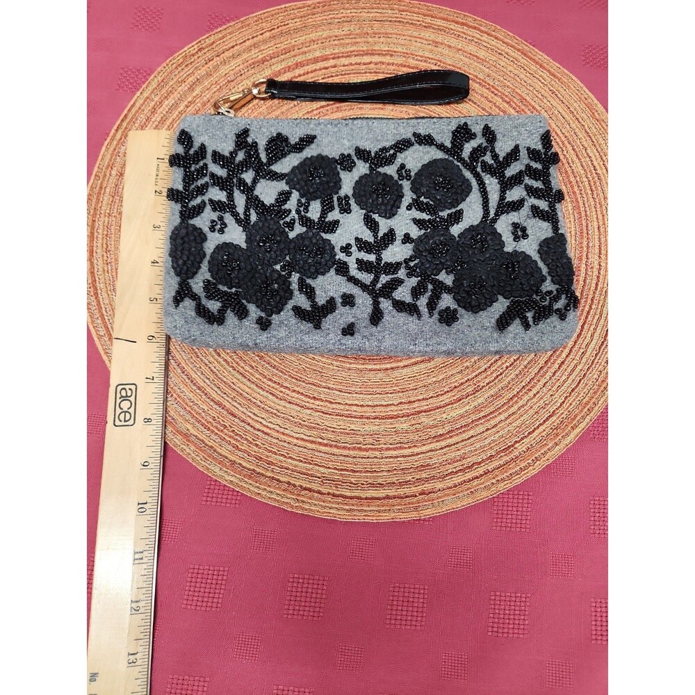 Violet & Brooks Maisie Grey Beaded Felted Wool Clutch Euc View 4